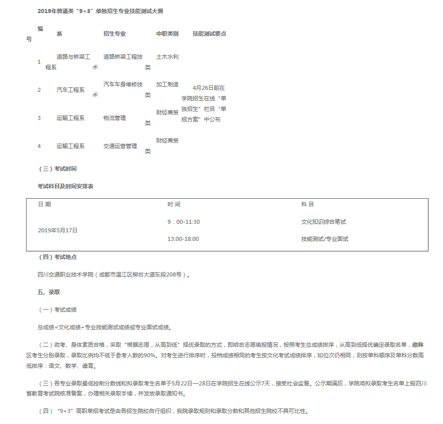 四川交通职业技术学院2019年普通类“9+3”高职单招招生章程